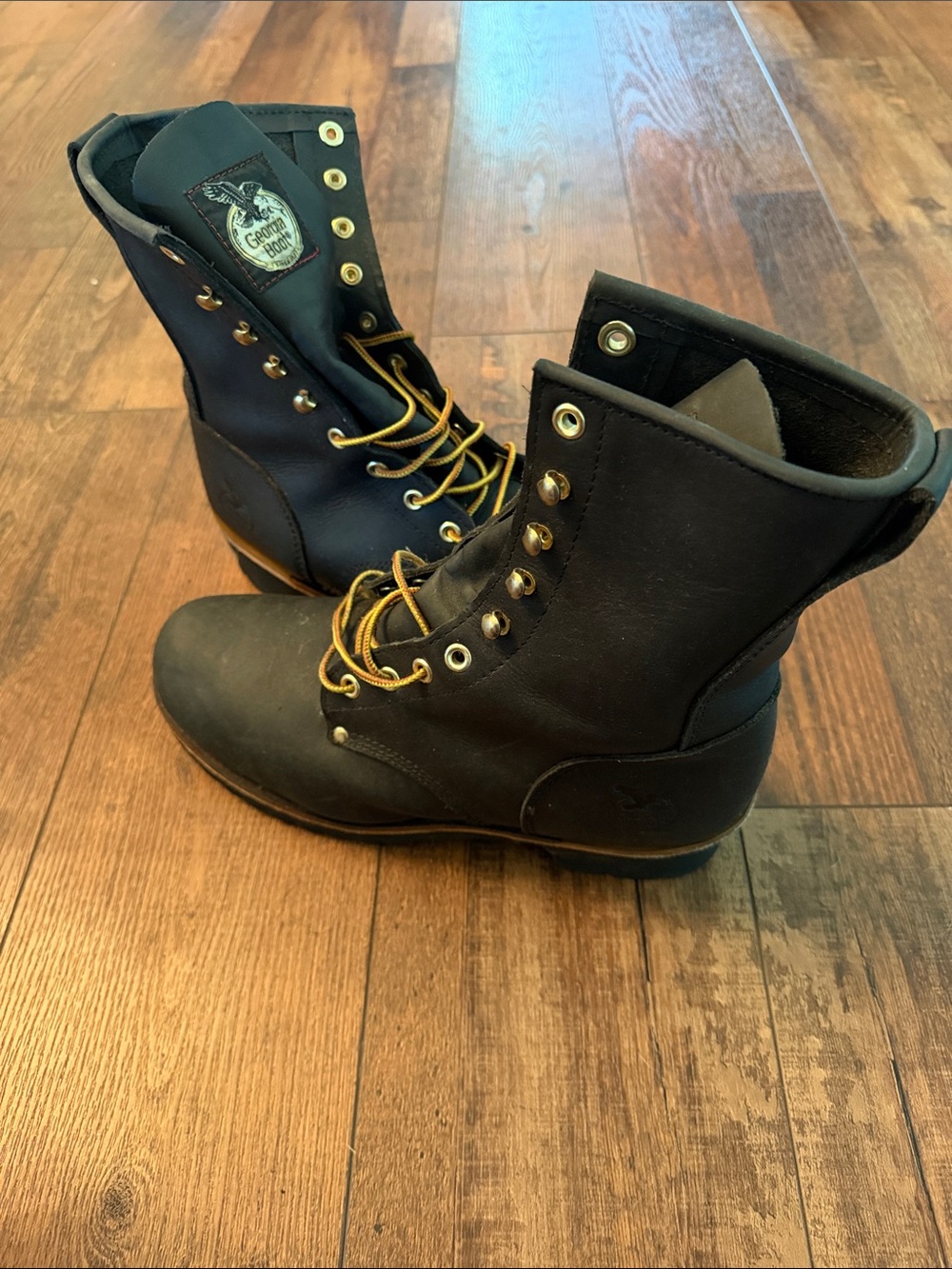 Georgia Boot Black Work Boots with Yellow Laces